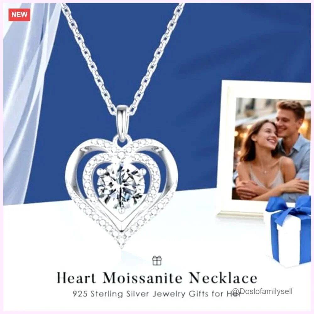 Sterling Silver Double Heart Moissanite Necklace Elegant Anniversary Gift